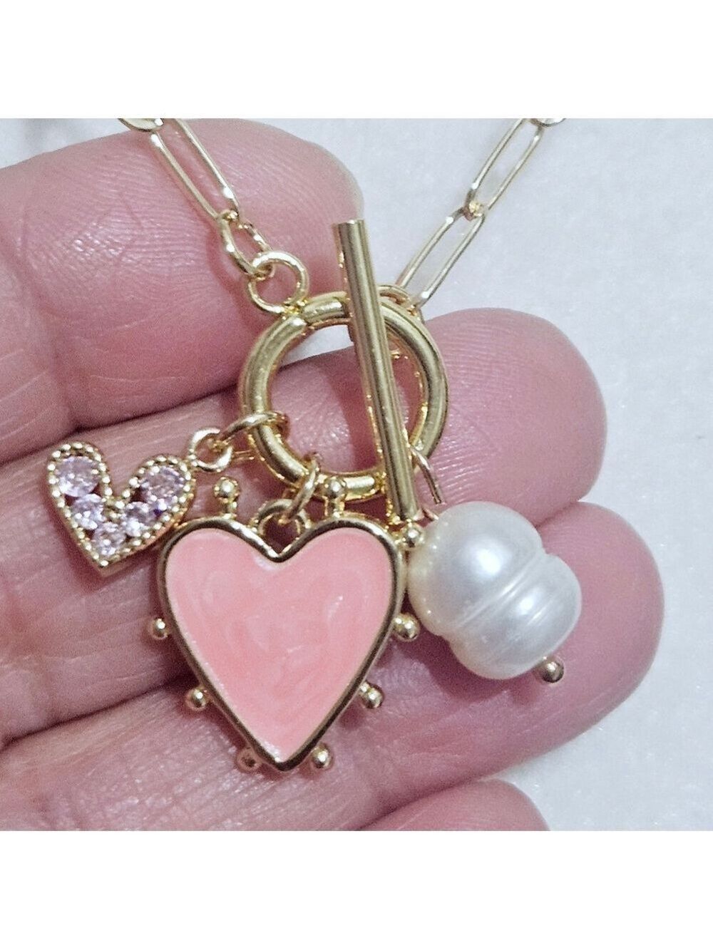 Fashion Pink Heart/Pearl Paperclip Chain Pendant Necklace - Picture 2 of 3